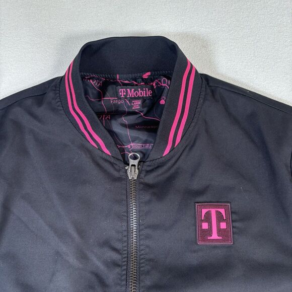 T-Mobile Women’s Bomber Jacket Sz L Black Pink Zip Pockets Employee Lining EUC - Picture 4 of 7